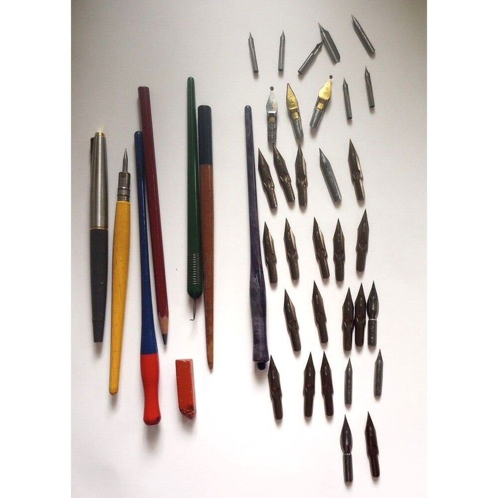 Vintage Calligraphy Lot with 32 Speedball Esterbrook Hunt Nibs+Parker Pen +tools